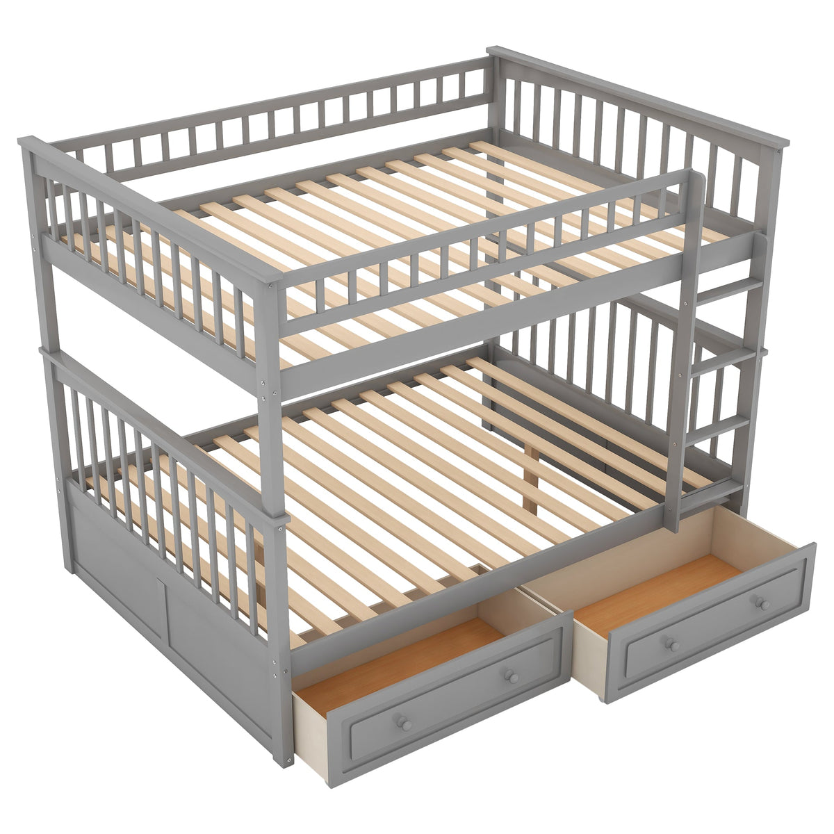 Full Over Full Bunk Bed with Drawers, Convertible Beds, Gray