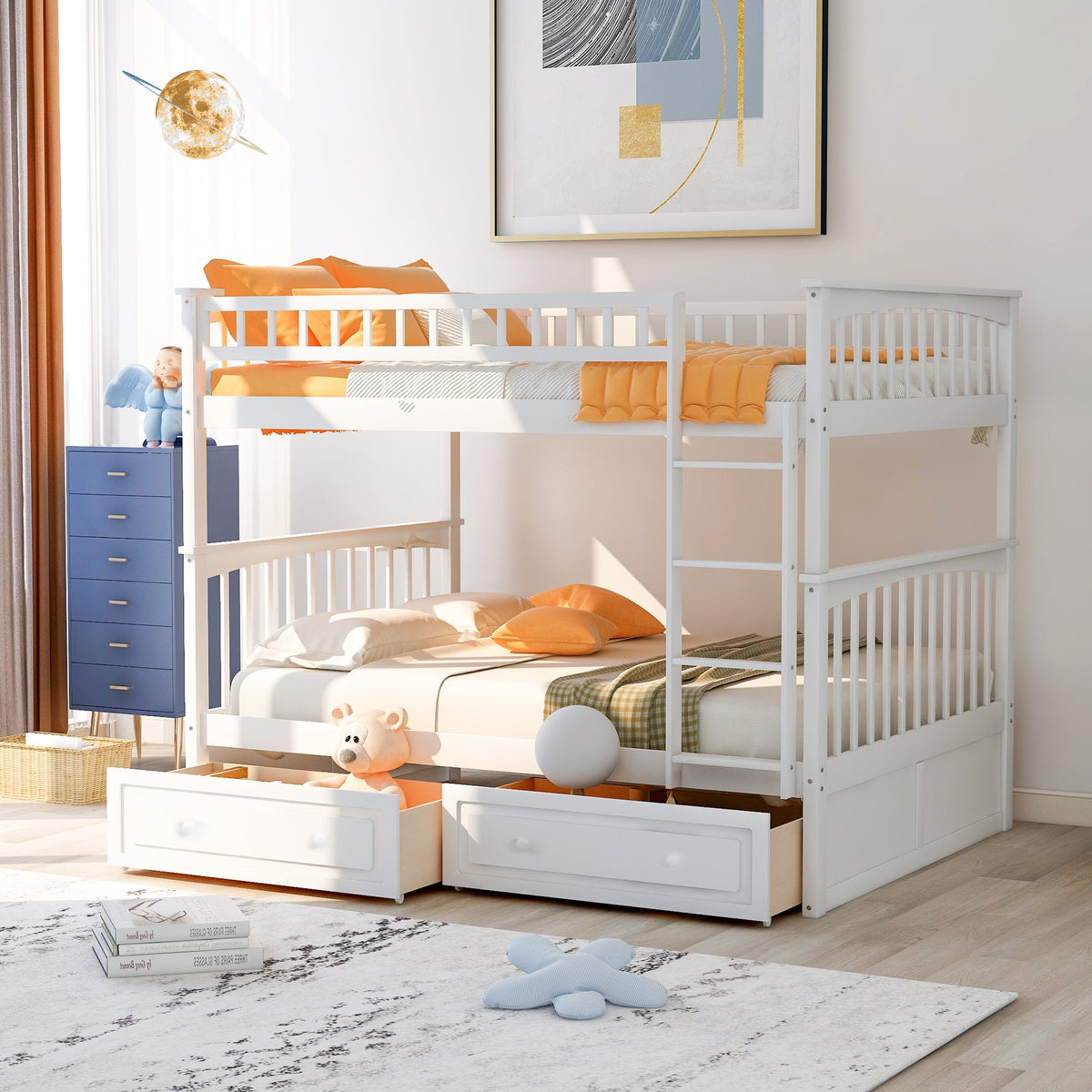 Full Over Full Bunk Bed with Drawers, Convertible Beds, White