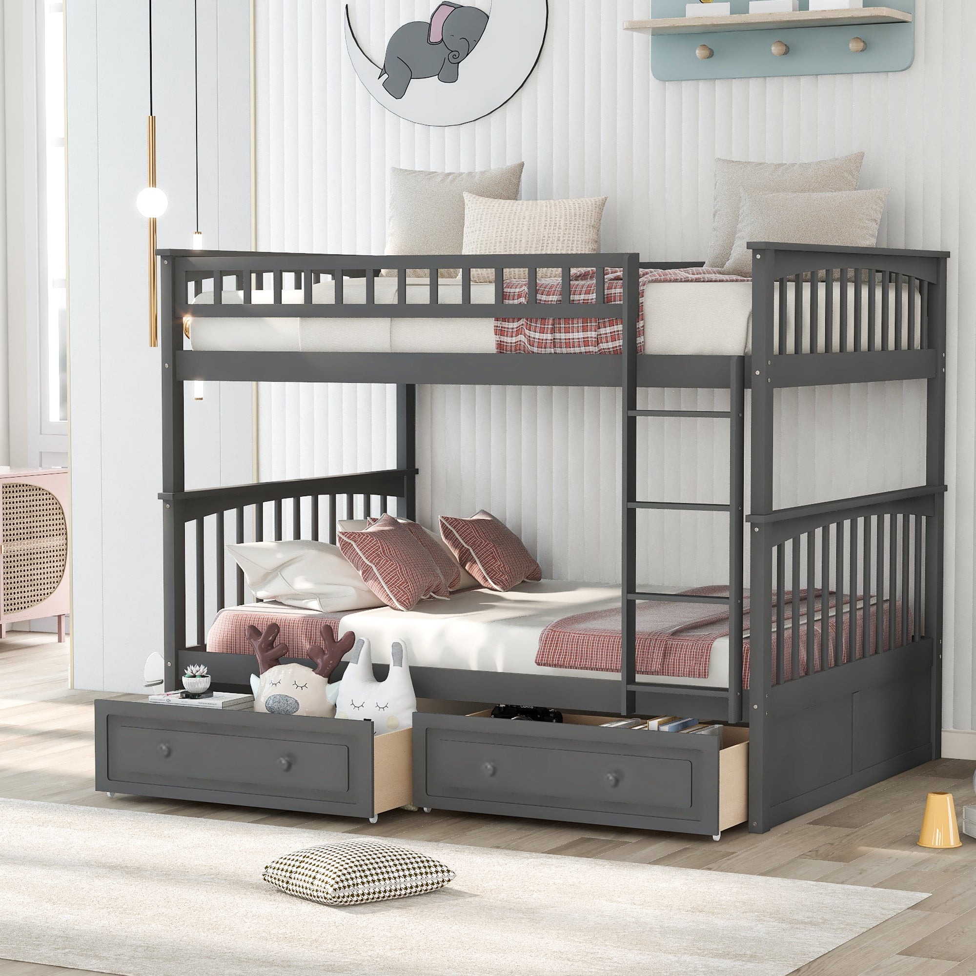 Full Over Full Bunk Bed with Drawers, Convertible Beds, Gray