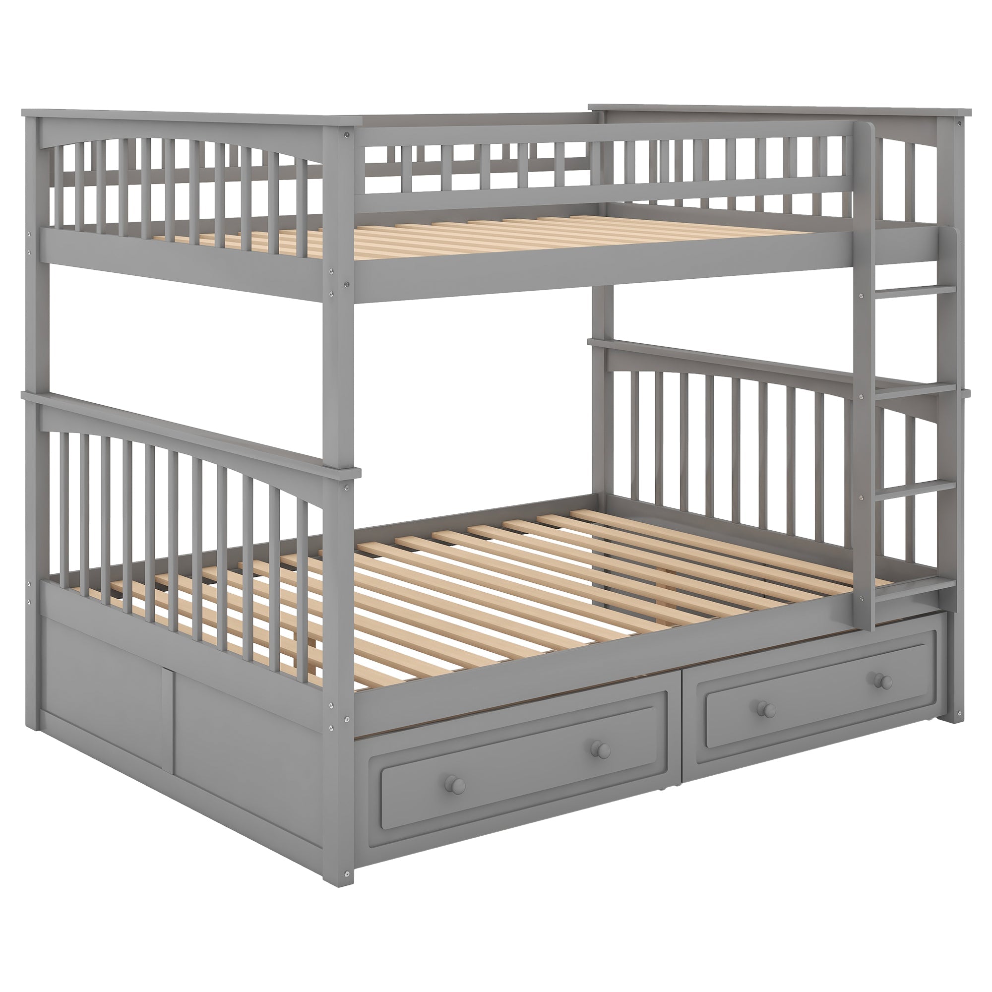 Full Over Full Bunk Bed with Drawers, Convertible Beds, Gray