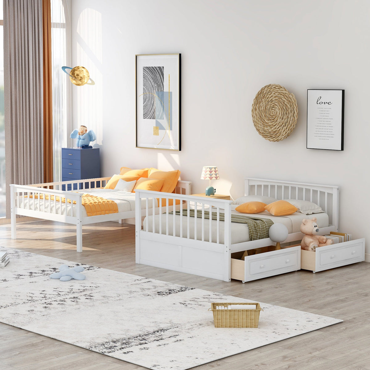 Full Over Full Bunk Bed with Drawers, Convertible Beds, White