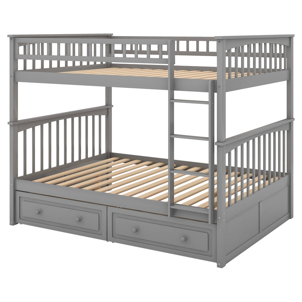Full Over Full Bunk Bed with Drawers, Convertible Beds, Gray