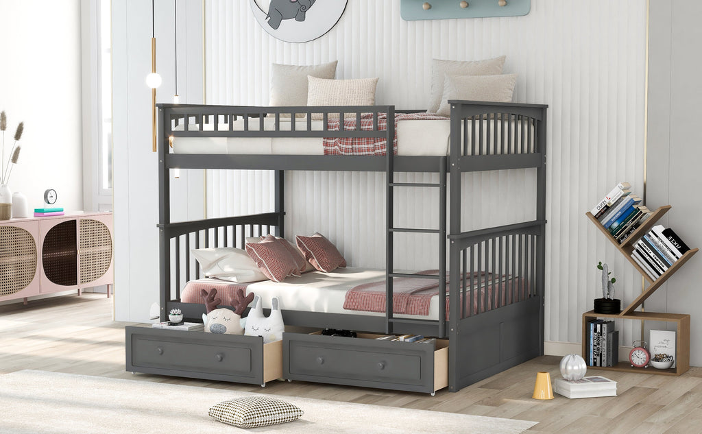 Full Over Full Bunk Bed with Drawers, Convertible Beds, Gray