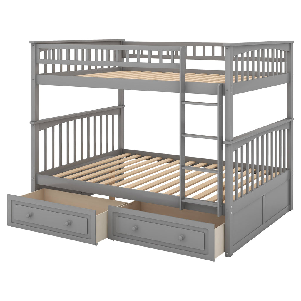 Full Over Full Bunk Bed with Drawers, Convertible Beds, Gray