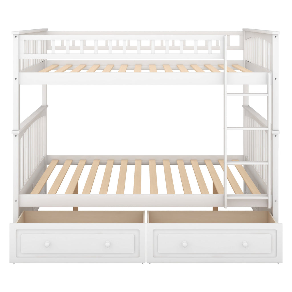 Full Over Full Bunk Bed with Drawers, Convertible Beds, White