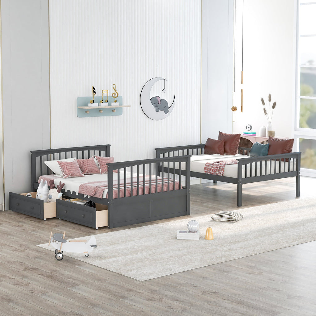 Full Over Full Bunk Bed with Drawers, Convertible Beds, Gray