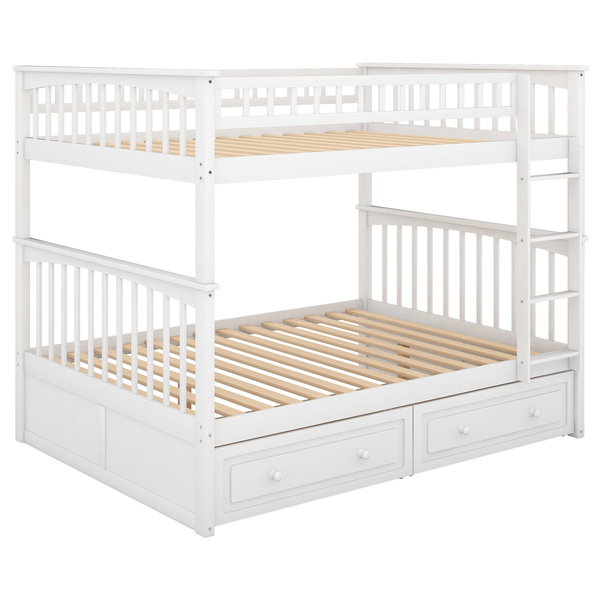 Full Over Full Bunk Bed with Drawers, Convertible Beds, White