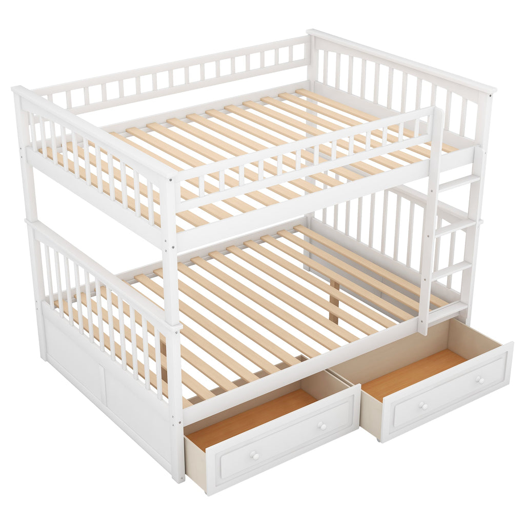 Full Over Full Bunk Bed with Drawers, Convertible Beds, White