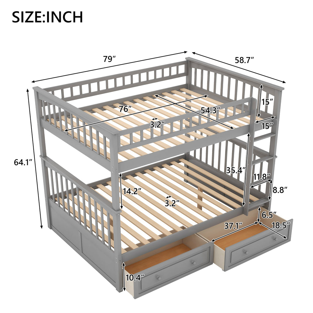 Full Over Full Bunk Bed with Drawers, Convertible Beds, Gray