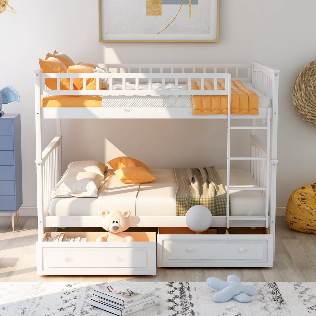 Full Over Full Bunk Bed with Drawers, Convertible Beds, White
