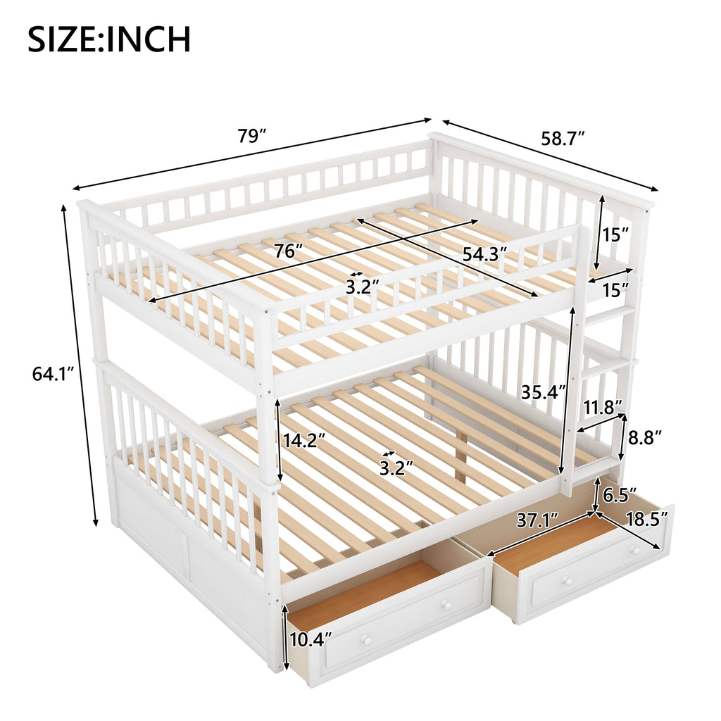 Full Over Full Bunk Bed with Drawers, Convertible Beds, White