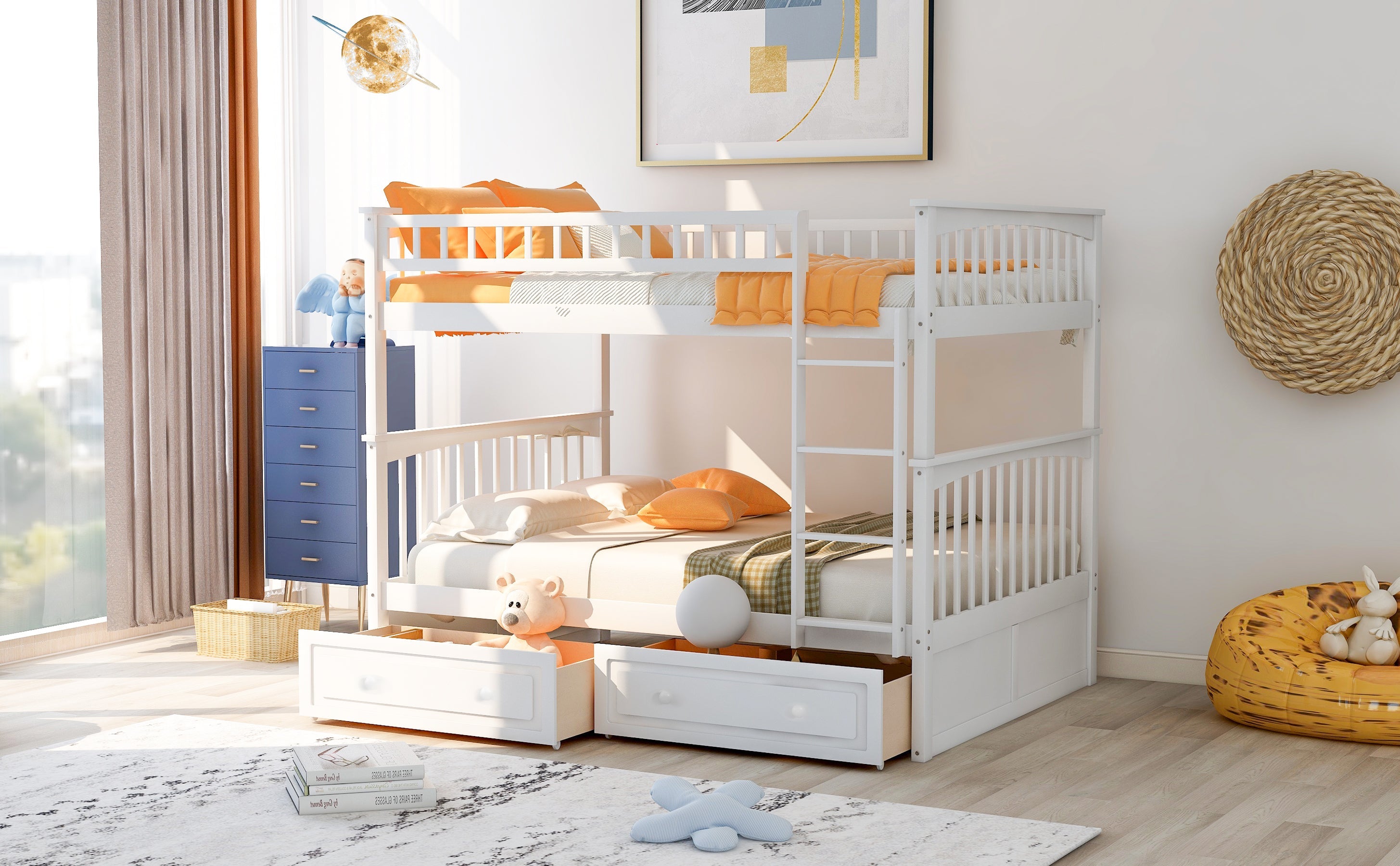 Full Over Full Bunk Bed with Drawers, Convertible Beds, White