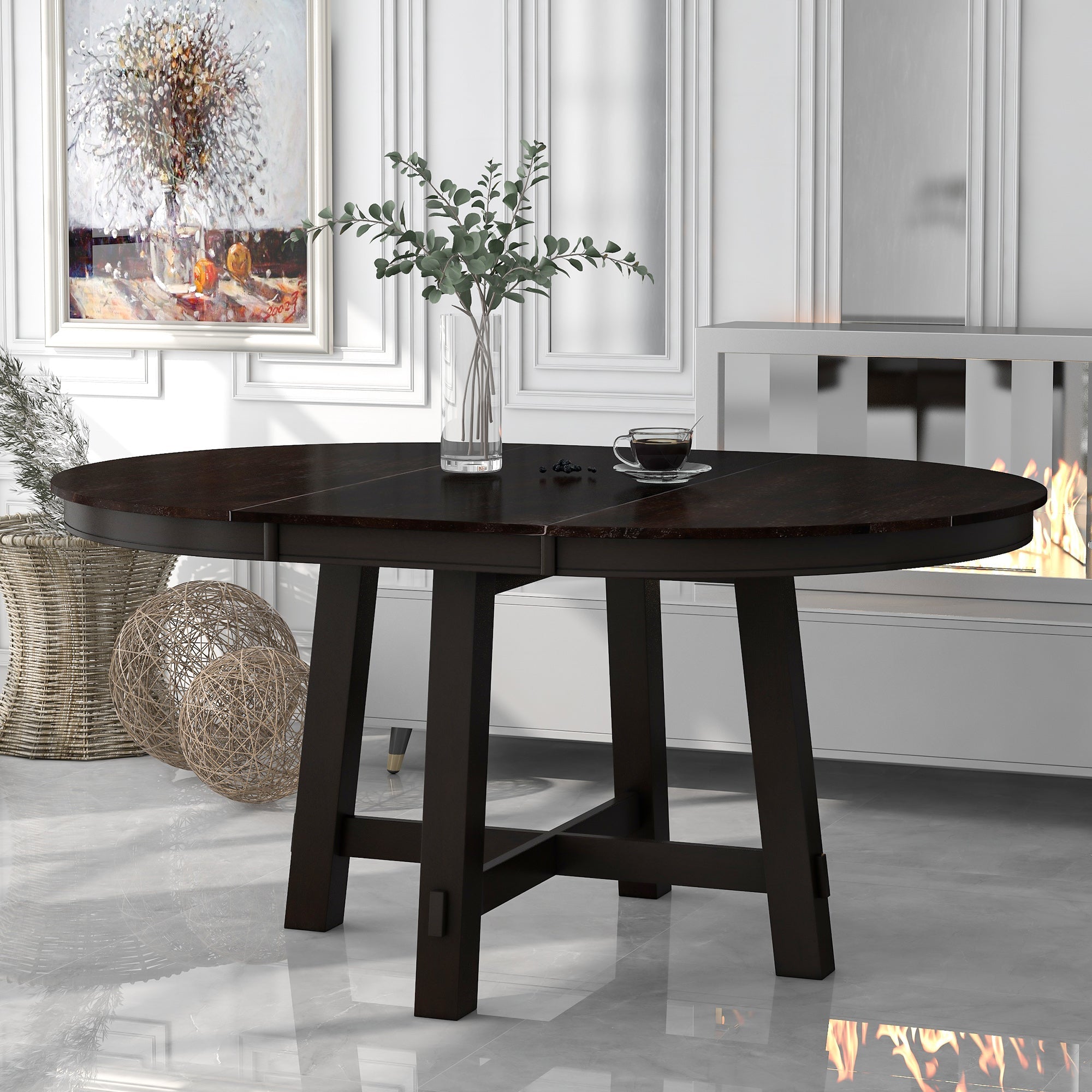 TREXM Farmhouse Round Extendable Dining Table with 16" Leaf