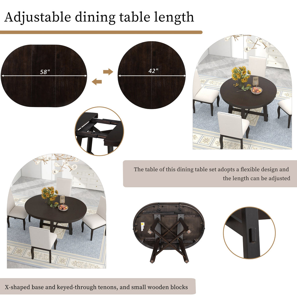TREXM Farmhouse Round Extendable Dining Table with 16" Leaf