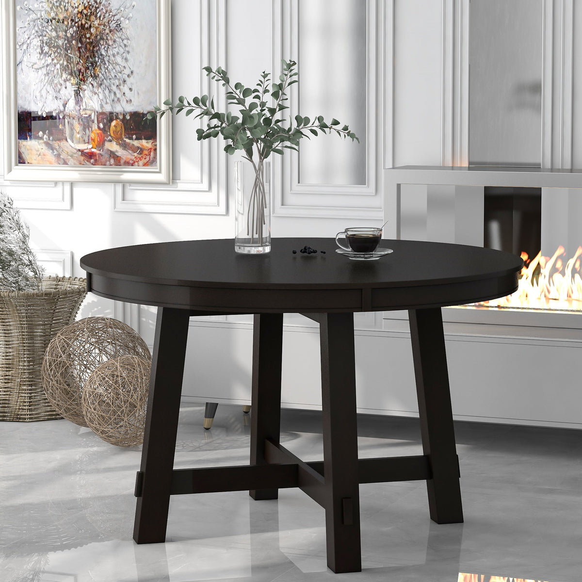 TREXM Farmhouse Round Extendable Dining Table with 16" Leaf