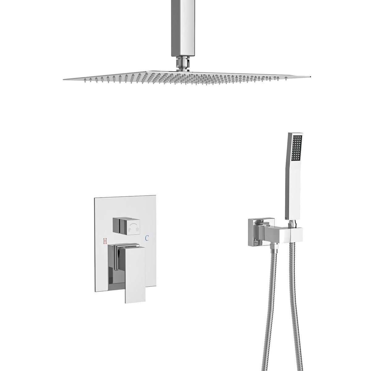 Dual Shower Head - 16 Inch Ceiling Mount Square Shower System with Rough-in Valve