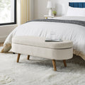 Beige Ottoman Oval Storage Bench with Rubber Wood Legs