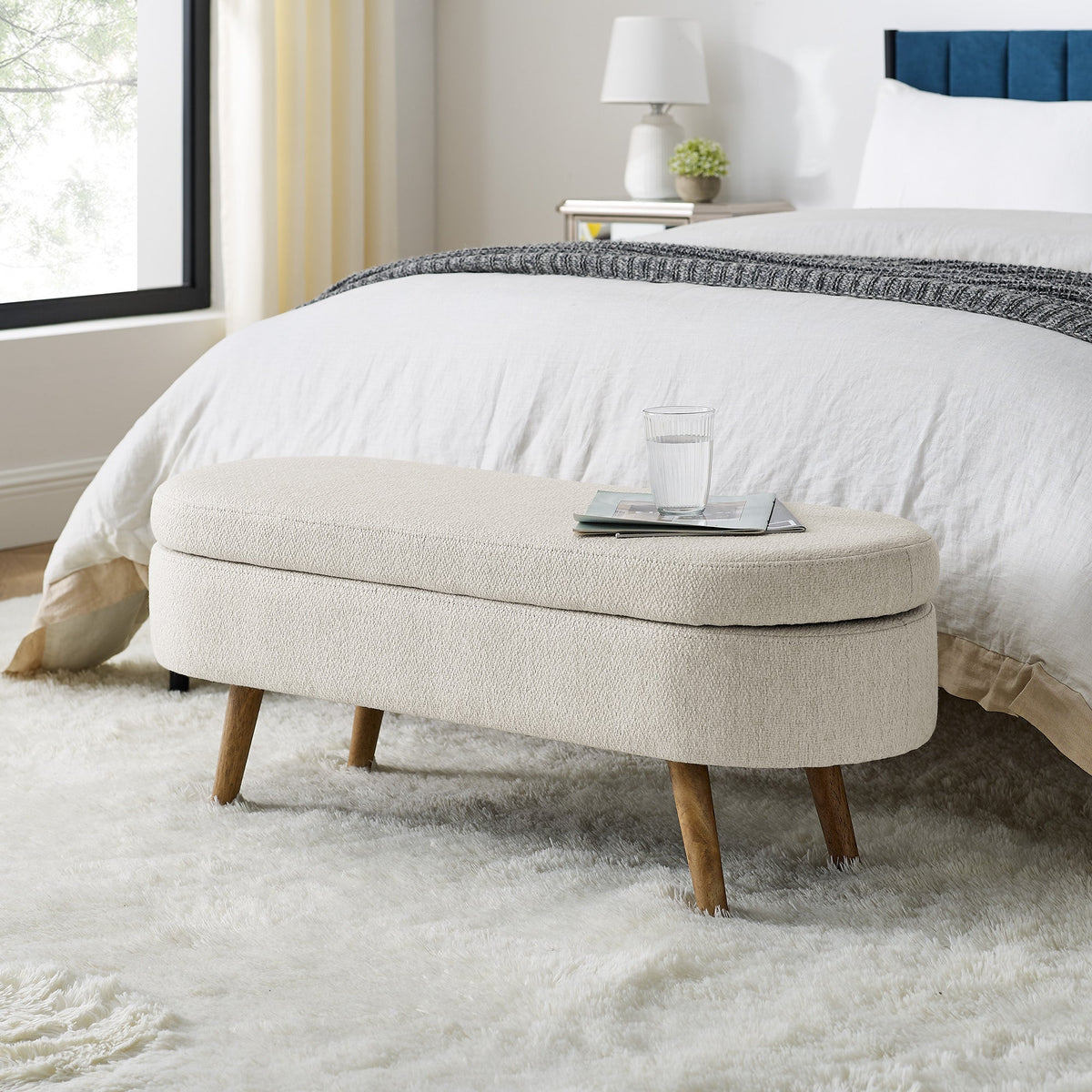 Beige Ottoman Oval Storage Bench with Rubber Wood Legs