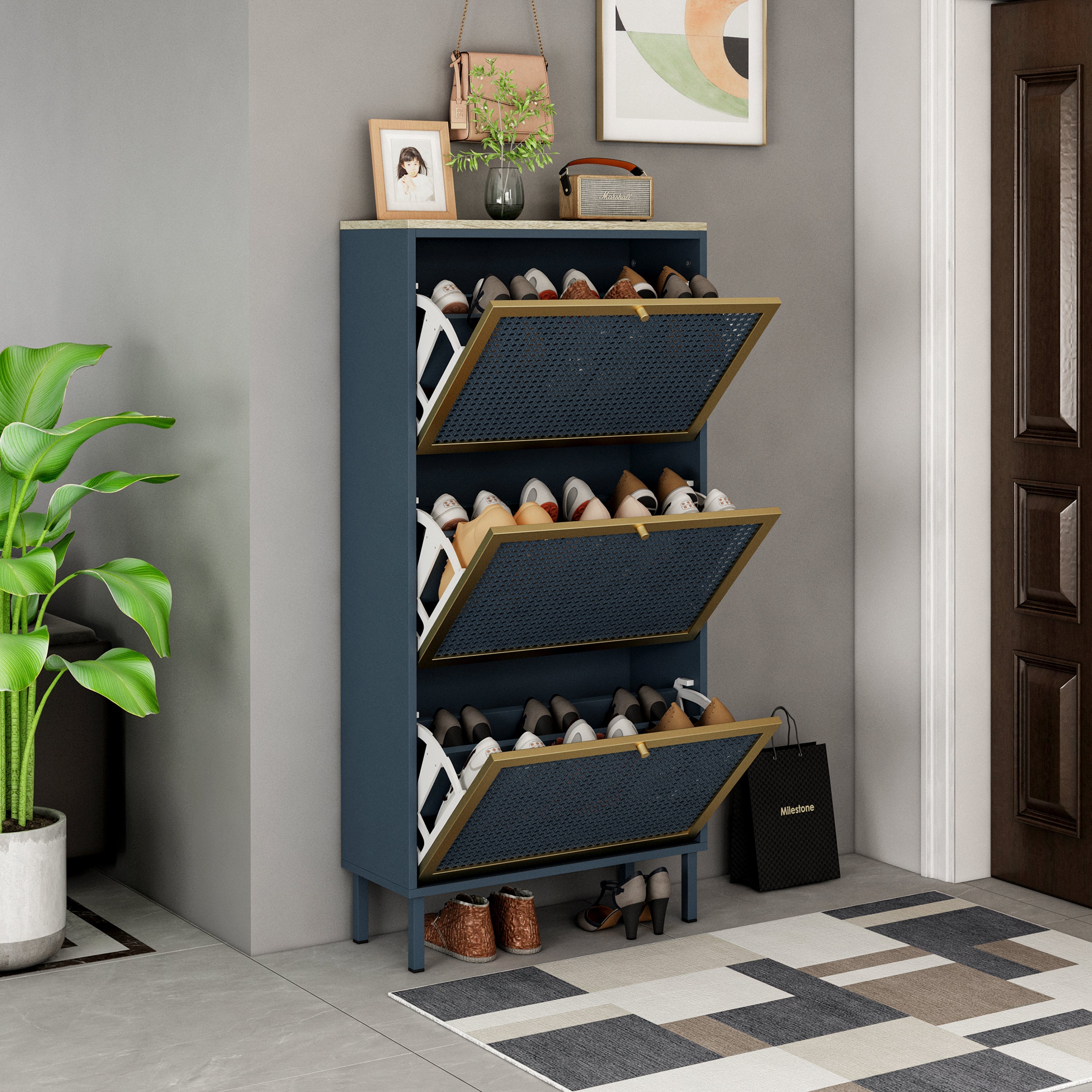 3 Metal Door Shoe Rack - Freestanding Modern Shoe Storage Cabinet