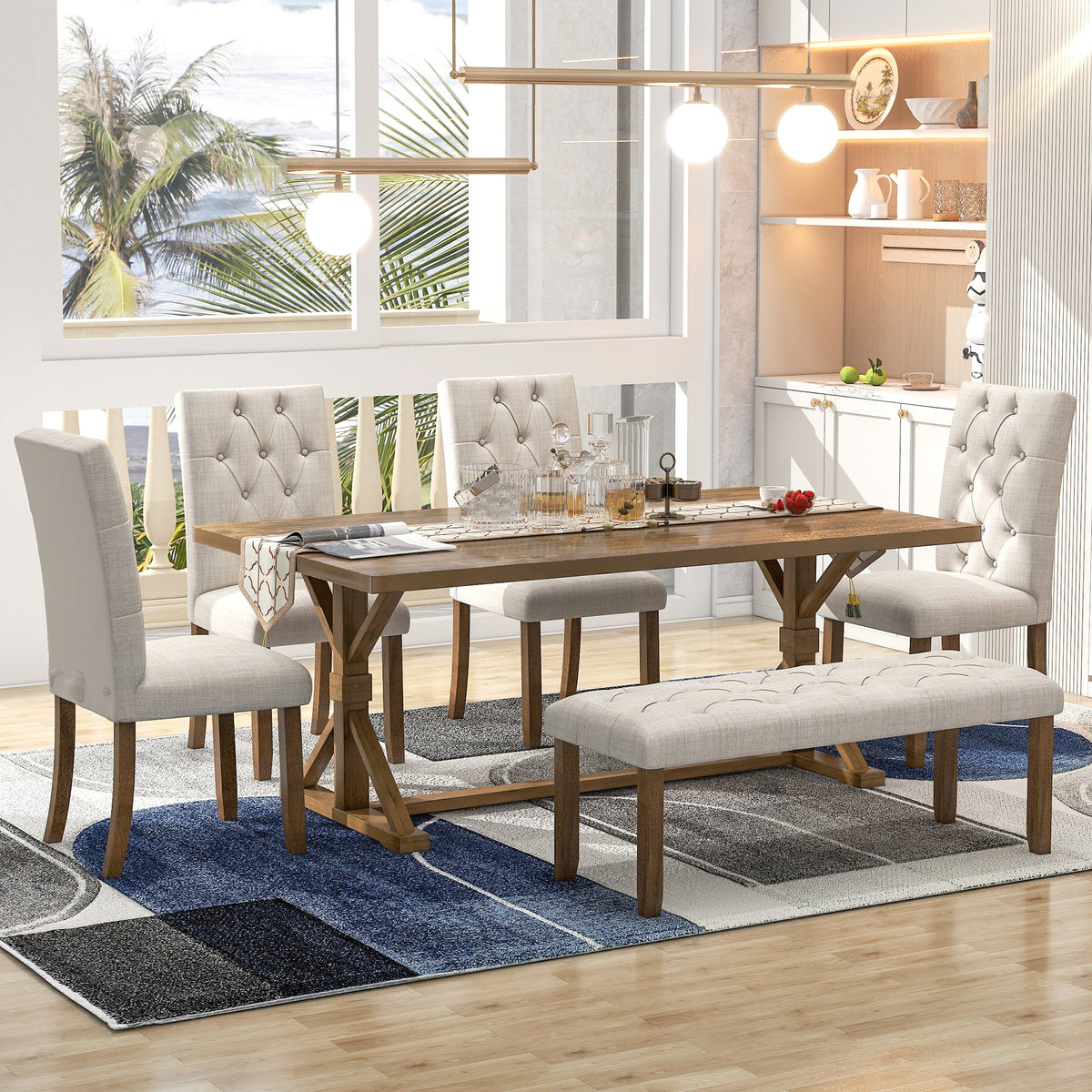 TREXM 6-Piece Farmhouse Dining Table Set - Walnut