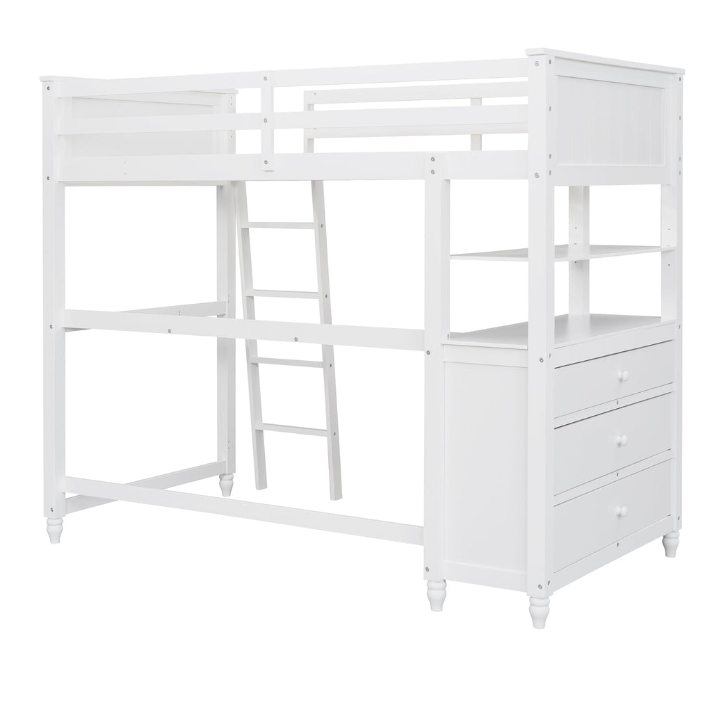 Twin Size Loft Bed with Drawers and Desk - White