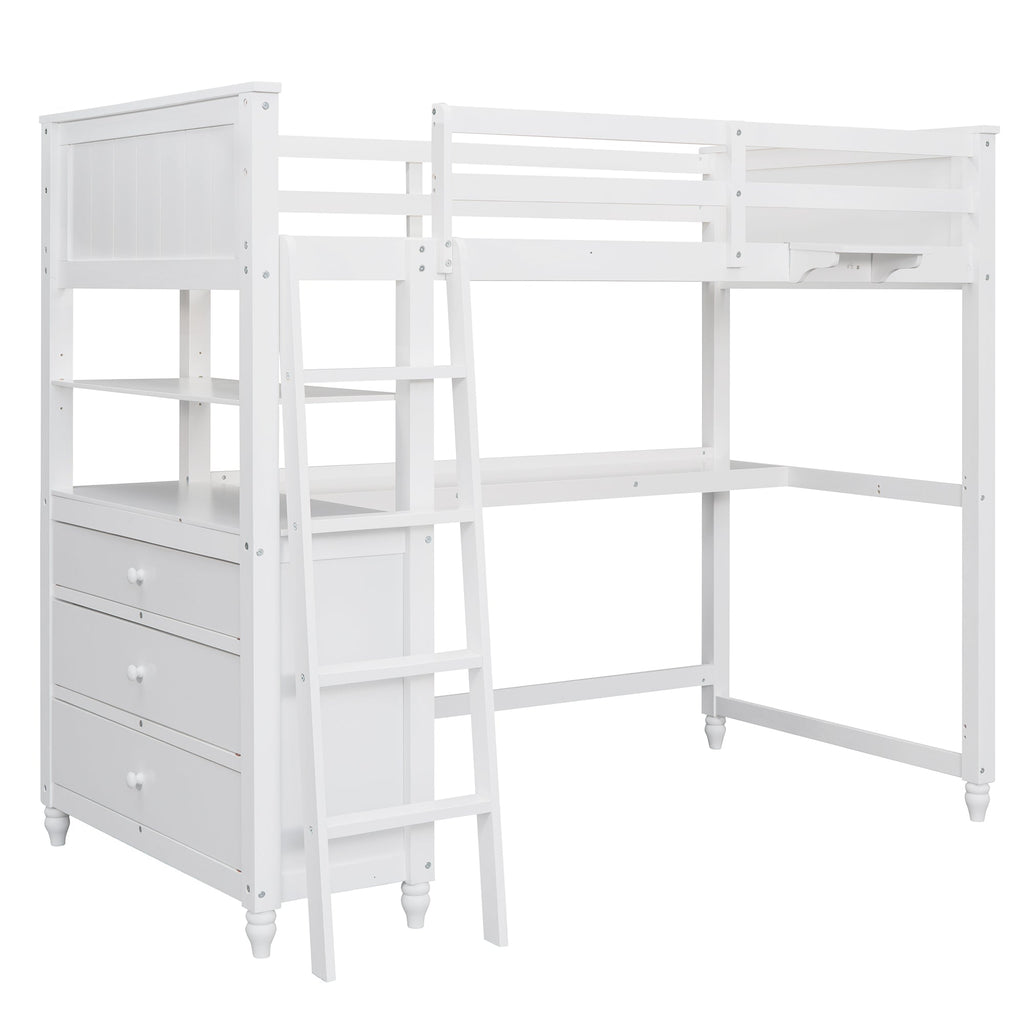 Twin Size Loft Bed with Drawers and Desk - White