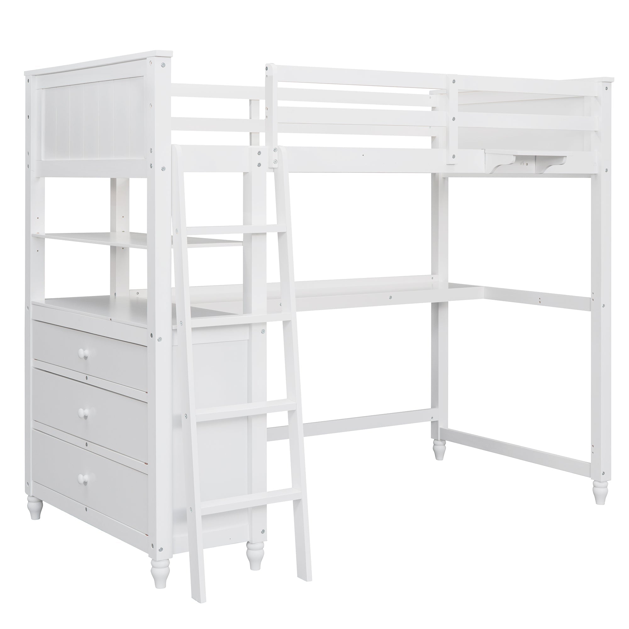 Twin Size Loft Bed with Drawers and Desk - White