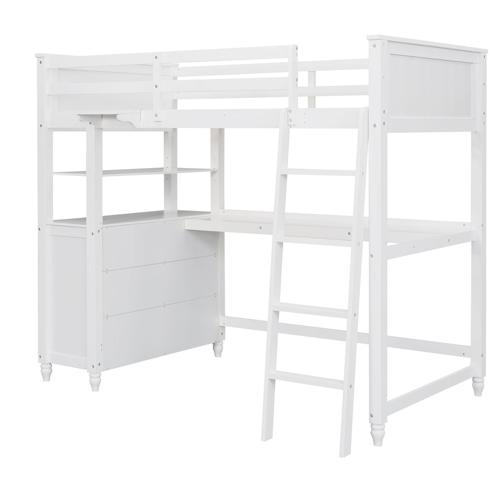 Twin Size Loft Bed with Drawers and Desk - White