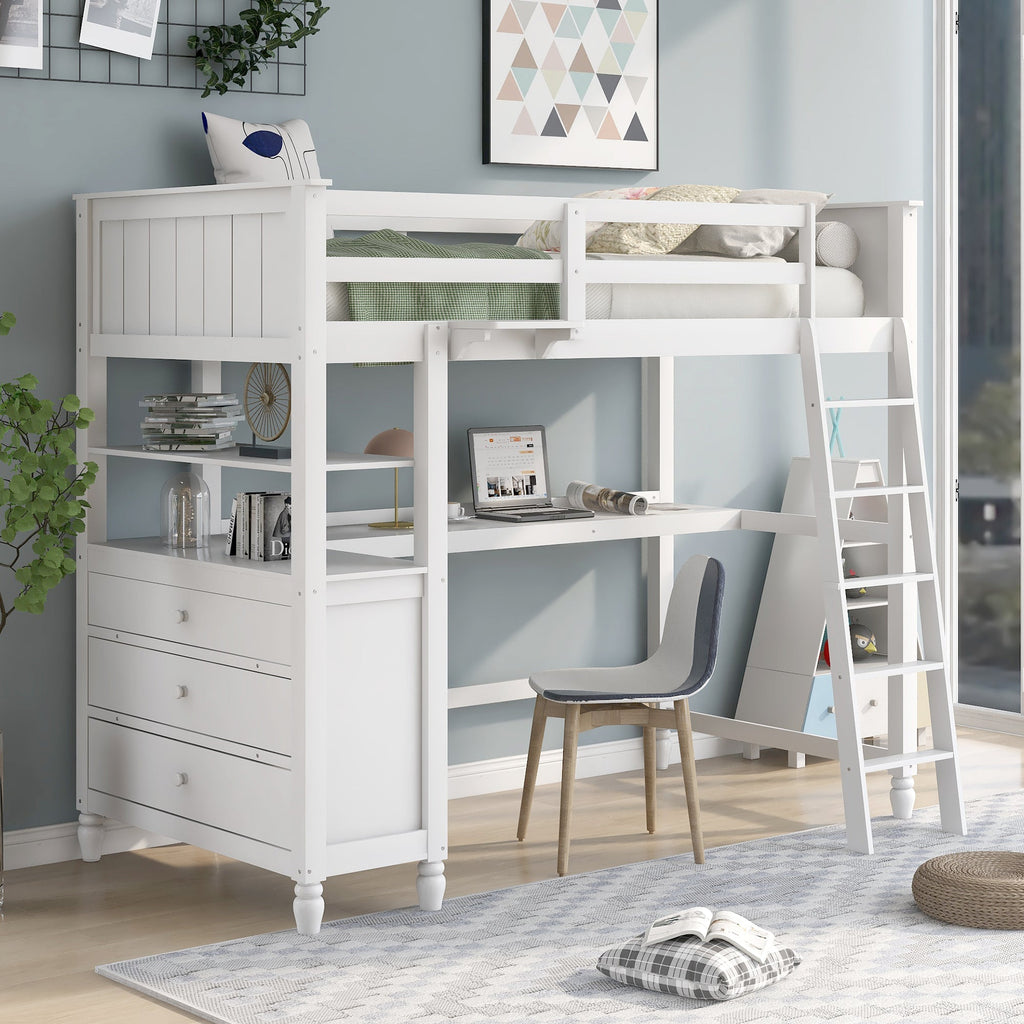 Twin Size Loft Bed with Drawers and Desk - White