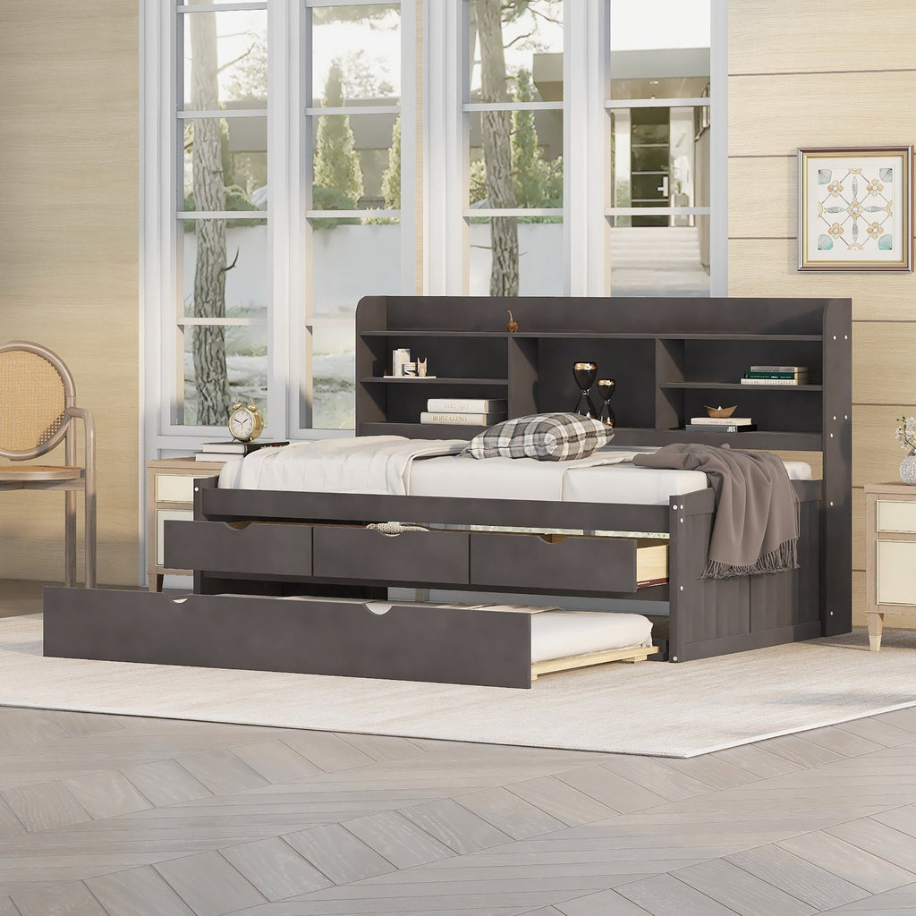Twin Size Wooden Captain Bed with Built-in Bookshelves, Three Storage Drawers, and Trundle, Antique