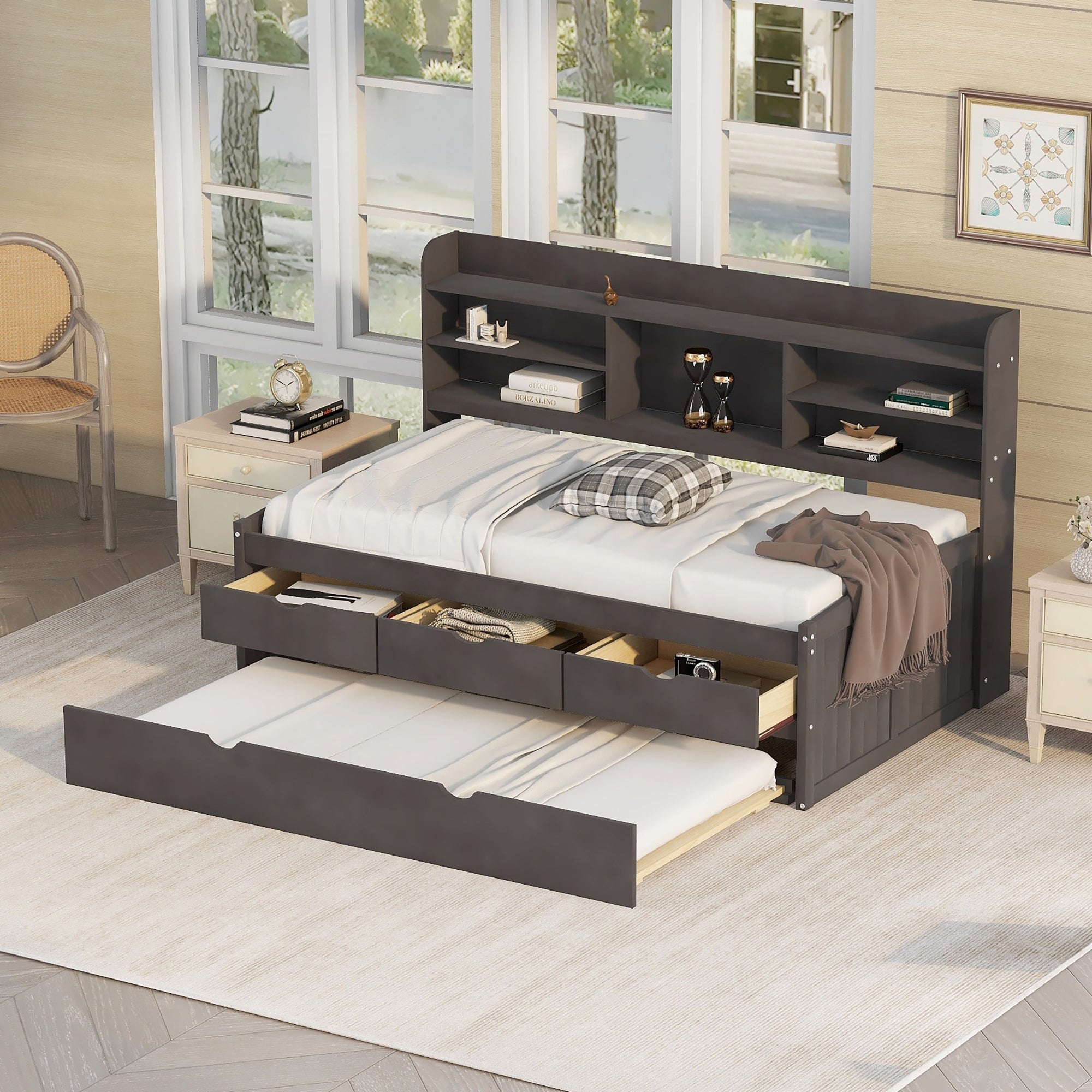 Twin Size Wooden Captain Bed with Built-in Bookshelves, Three Storage Drawers, and Trundle, Antique