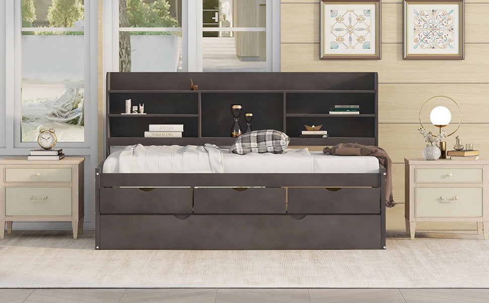 Twin Size Wooden Captain Bed with Built-in Bookshelves, Three Storage Drawers, and Trundle, Antique