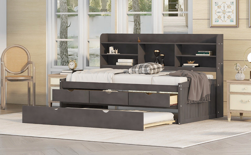 Twin Size Wooden Captain Bed with Built-in Bookshelves, Three Storage Drawers, and Trundle, Antique