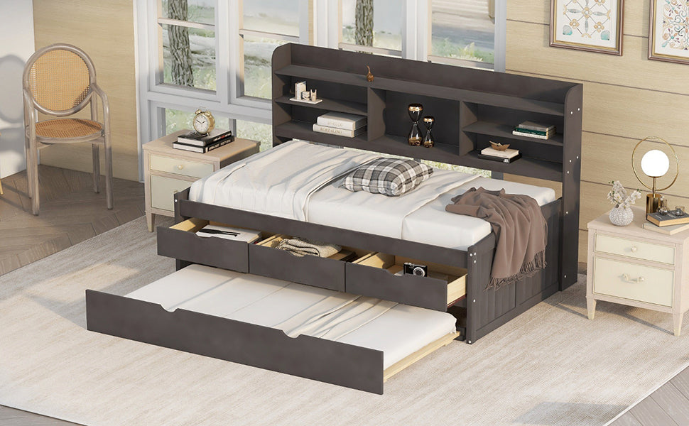 Twin Size Wooden Captain Bed with Built-in Bookshelves, Three Storage Drawers, and Trundle, Antique