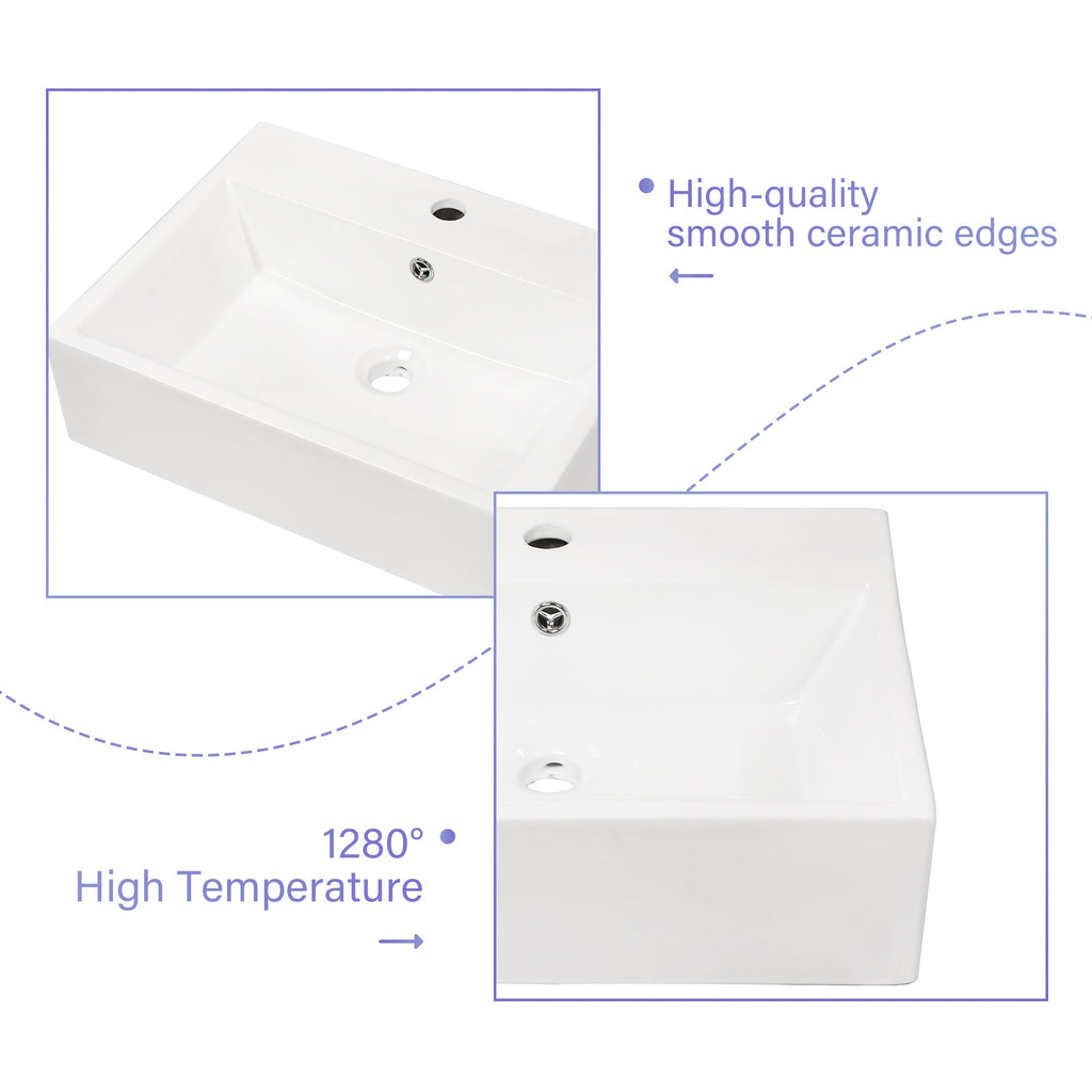 21"x16" White Ceramic Rectangular Wall Mounted Bathroom Sink