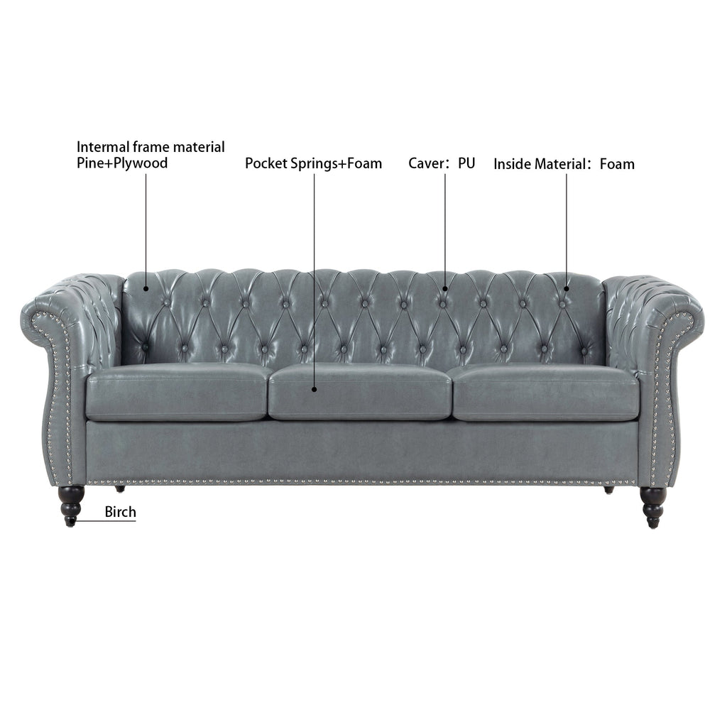 84.65" Rolled Arm Chesterfield 3 Seater Sofa