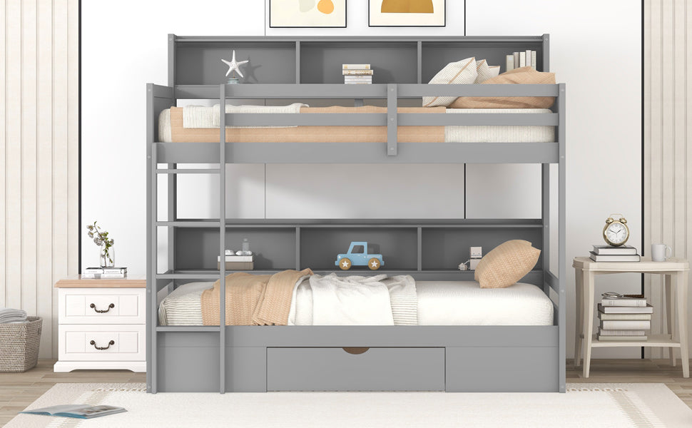 Twin Size Bunk Bed with Built-in Shelves Beside Both Upper and Down Bed