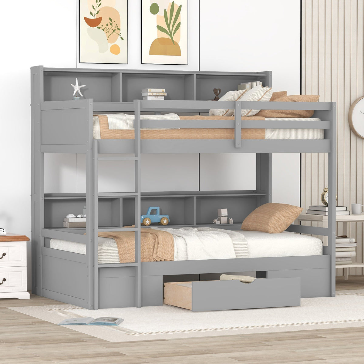 Twin Size Bunk Bed with Built-in Shelves Beside Both Upper and Down Bed