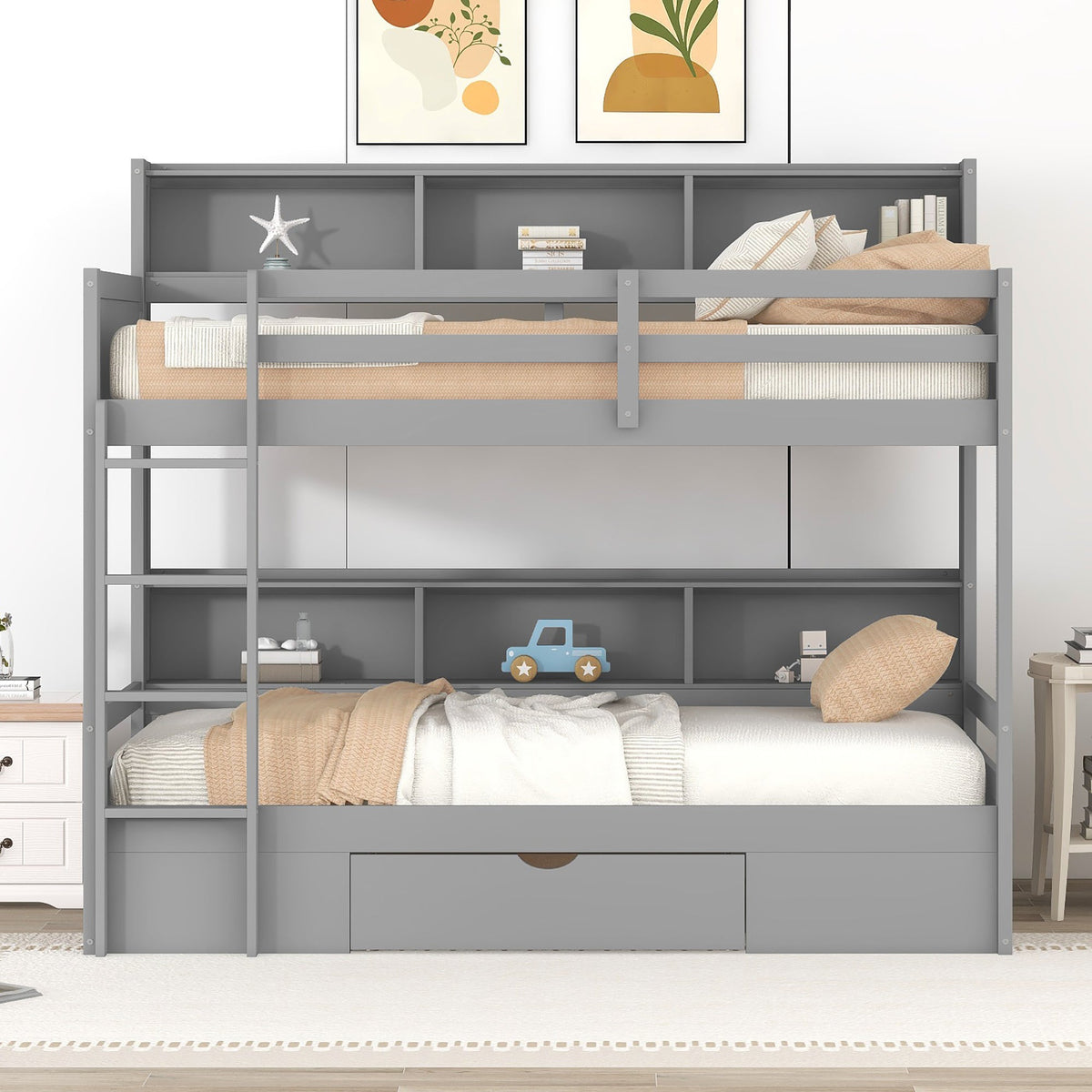 Twin Size Bunk Bed with Built-in Shelves Beside Both Upper and Down Bed