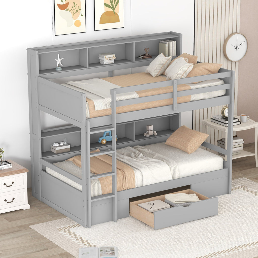 Twin Size Bunk Bed with Built-in Shelves Beside Both Upper and Down Bed