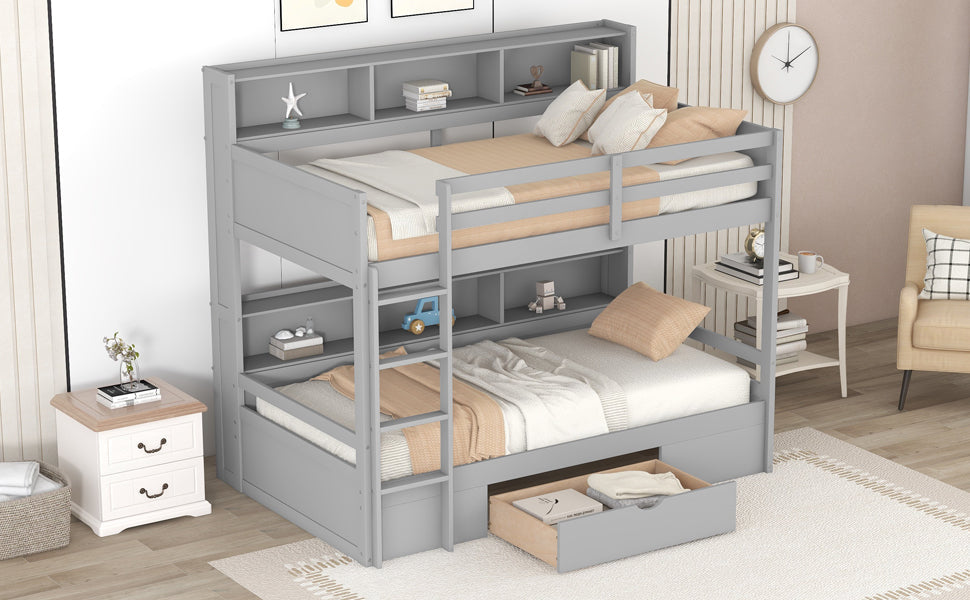 Twin Size Bunk Bed with Built-in Shelves Beside Both Upper and Down Bed