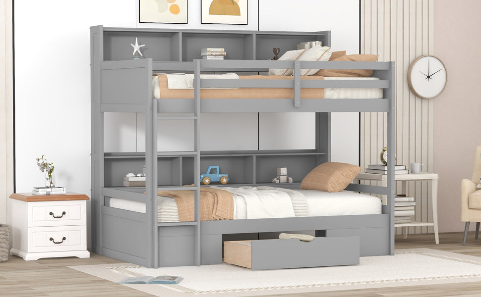 Twin Size Bunk Bed with Built-in Shelves Beside Both Upper and Down Bed