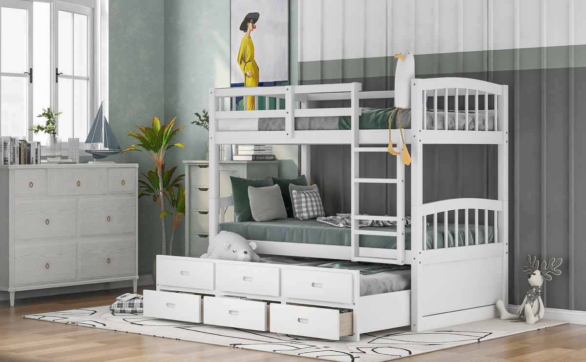 Twin Over Twin Wood Bunk Bed with Trundle and Drawers
