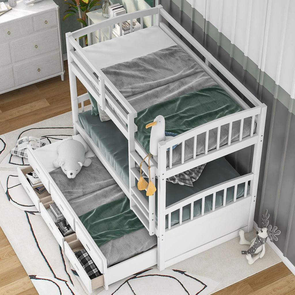 Twin Over Twin Wood Bunk Bed with Trundle and Drawers