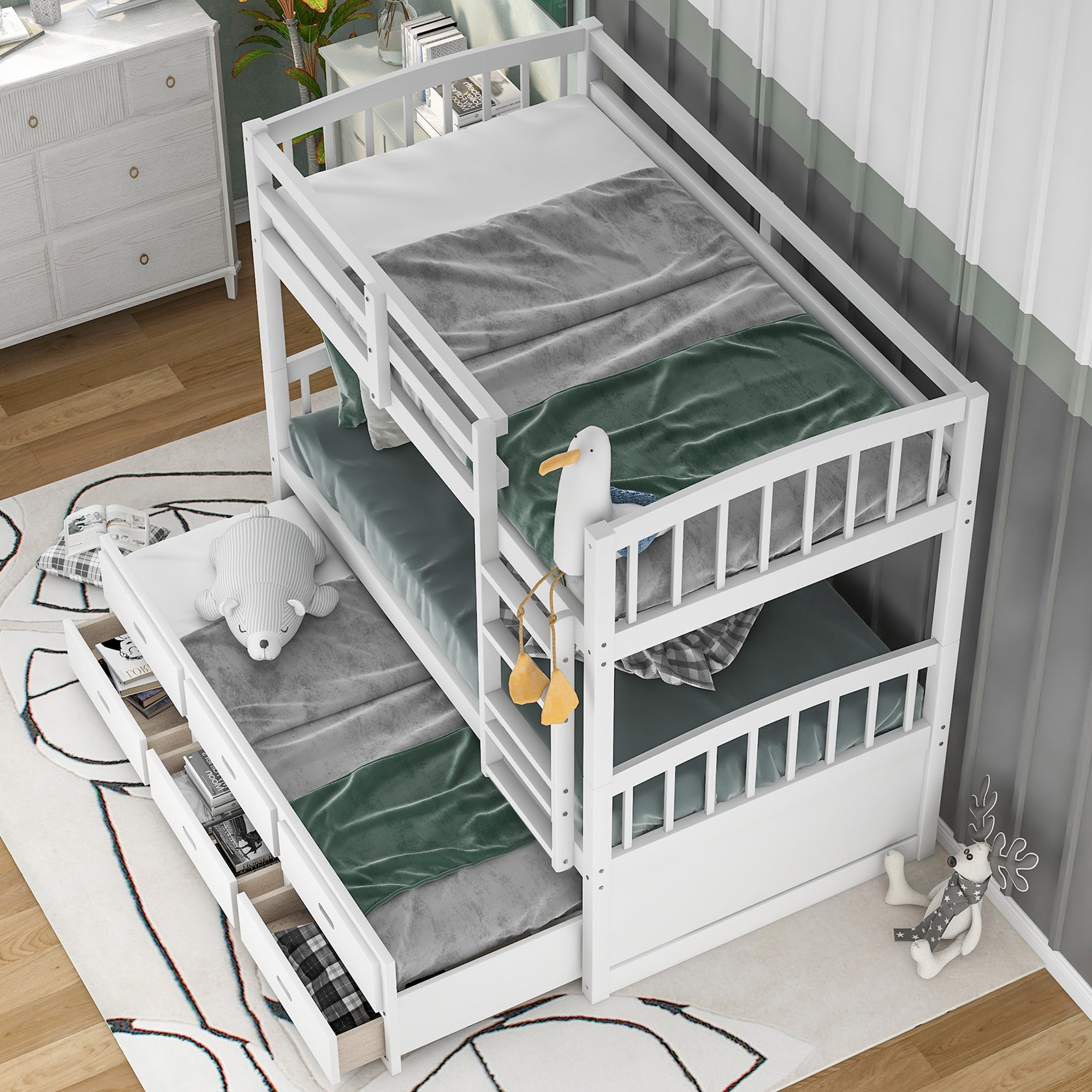Twin Over Twin Wood Bunk Bed with Trundle and Drawers