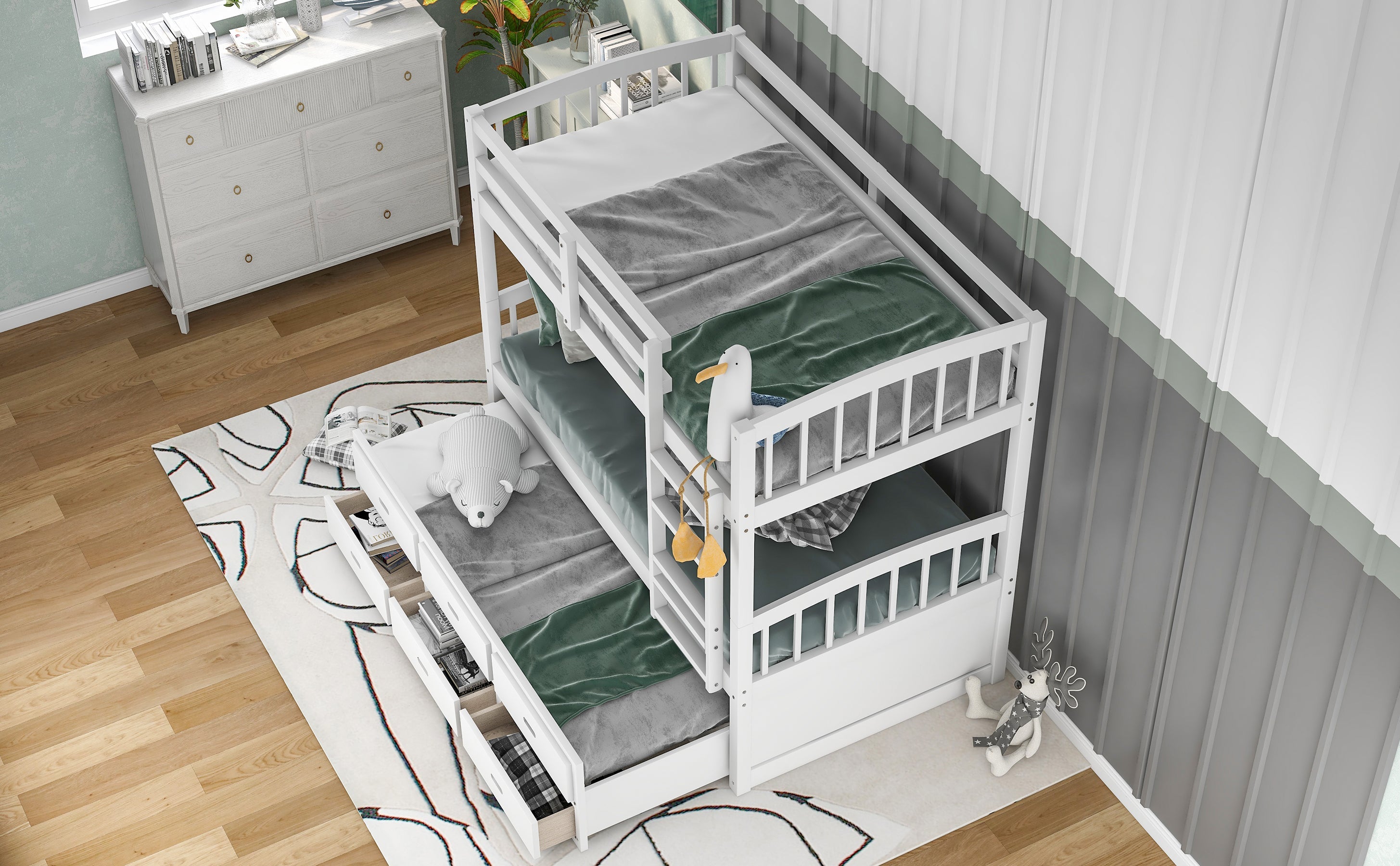 Twin Over Twin Wood Bunk Bed with Trundle and Drawers