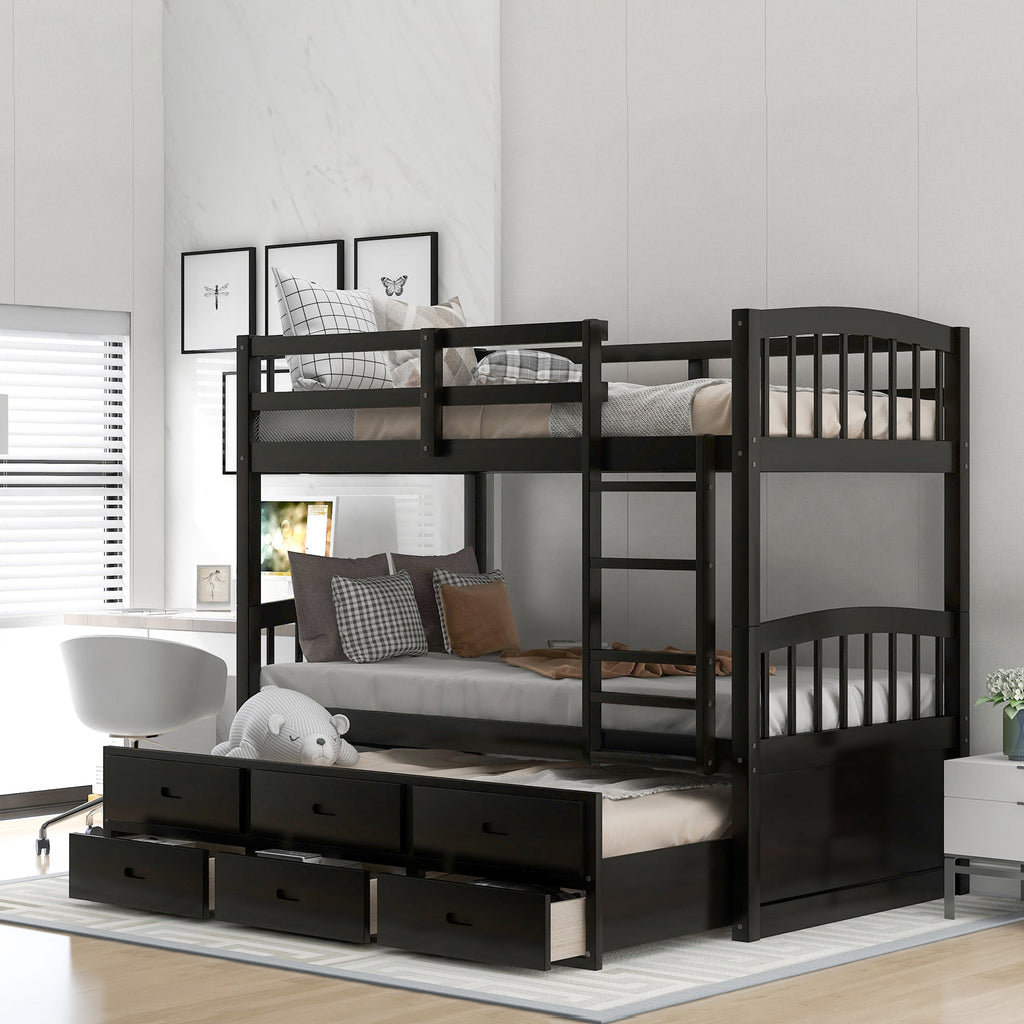 Twin Over Twin Wood Bunk Bed with Trundle and Drawers