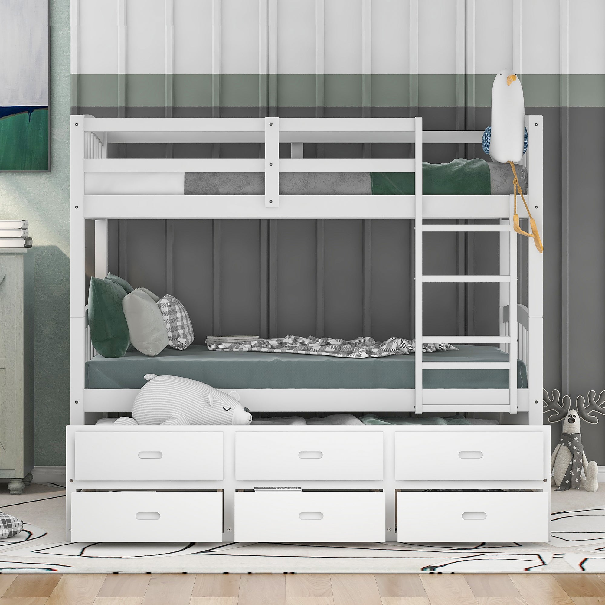 Twin Over Twin Wood Bunk Bed with Trundle and Drawers