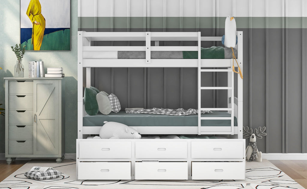 Twin Over Twin Wood Bunk Bed with Trundle and Drawers