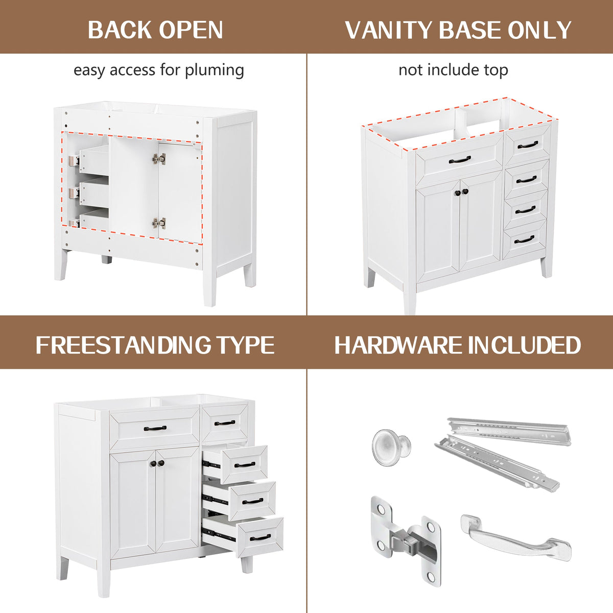 36" Bathroom Vanity Without Sink, Cabinet Base Only